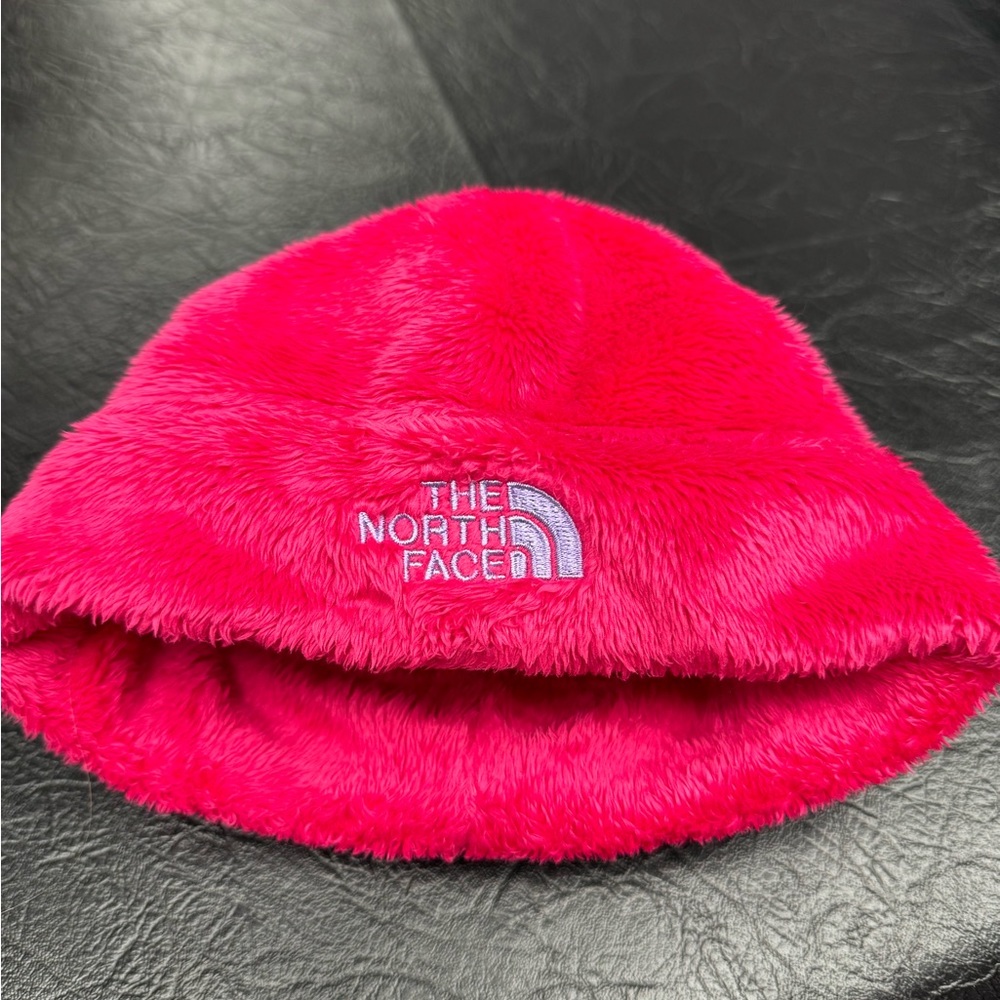 Infant girls The North Face pink fuzzy beanie hat